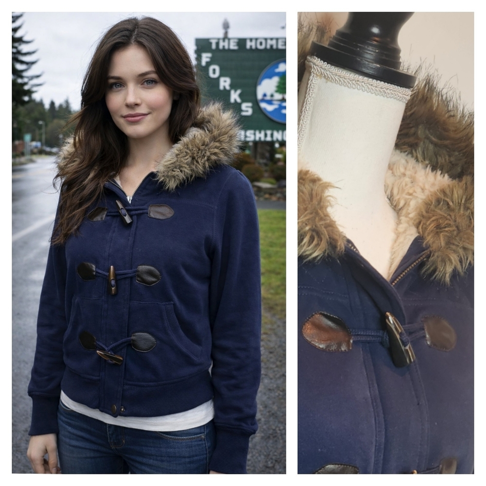 VNT Y2K Sherpa Lined Faux Fur Hooded Navy Blue Cotton Zip Jacket | Size XS